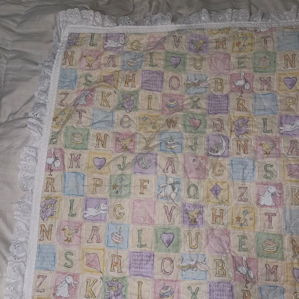 Vintage Pastel Baby Quilt Crib Blanket ABC‎ Blocks Animals Lace Trim Reversible